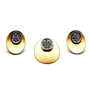 Vintage EB Signed Gold-Tone Oval Earrings & Pendant Set – Textured Back, Crystal